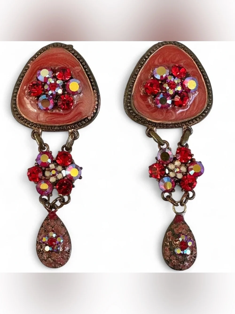 VTG 90’s Neo-Victorian Necklace Set-AB Red Rhinestone Swirl Enamel Bronze Tone